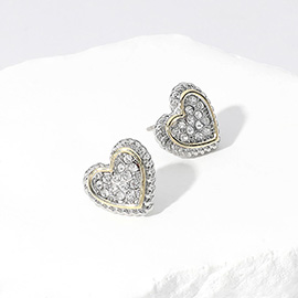 14K Gold Plated Stone Paved Two Tone Heart Stud Earrings
