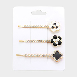 3PCS - Flower Quatrefoil Pointed Stone Embellished Bobby Pin Hair Clips