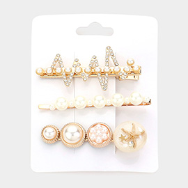 3PCS - Pearl Embellished Starfish Pointed Bobby Pin Alligator Snap Hair Clips