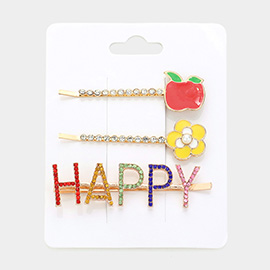 3PCS - Enamel Apple Flower Stone Embellished HAPPY Message Bobby Pin Hair Clips