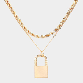 Matte Metal Lock Pendant Double Layered Chain Necklace