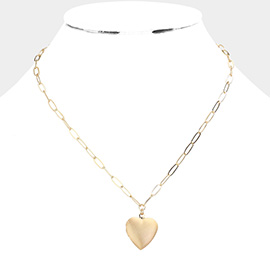 Matte Metal Heart Locket Pendant Paperclip Chain Necklace