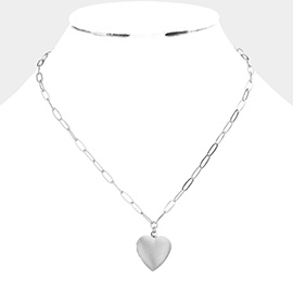 Matte Metal Heart Locket Pendant Paperclip Chain Necklace