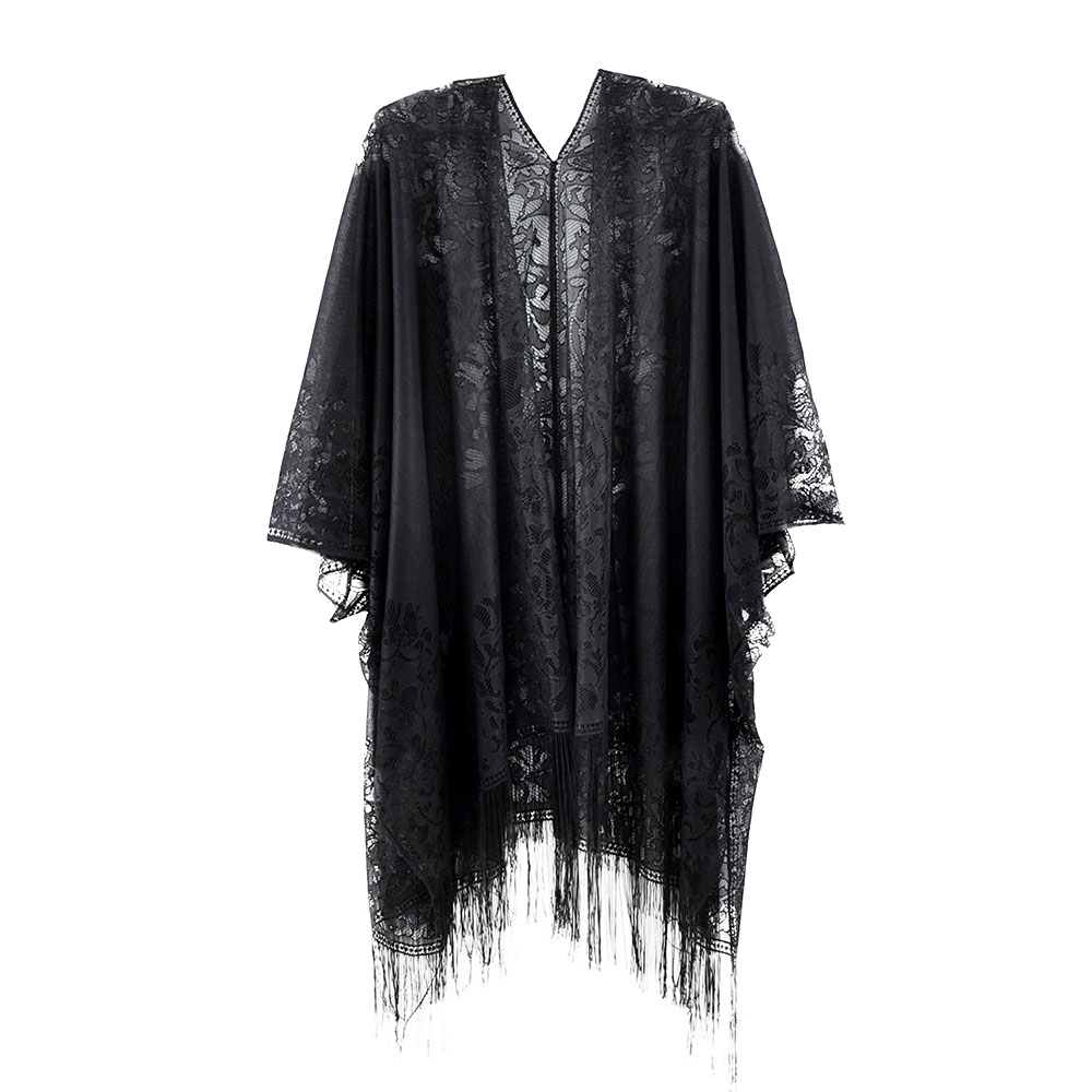 Floral Lace Kimono With Tassel Poncho