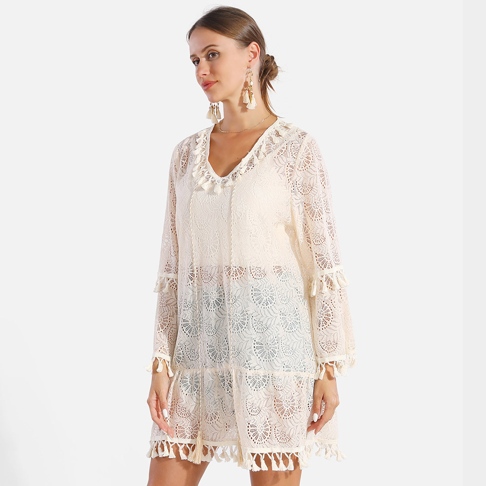 Tassel TieKnot V Neck Lace Cover Up Dress