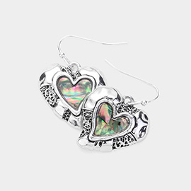 Antique Metal Abalone Heart Dangle Earrings