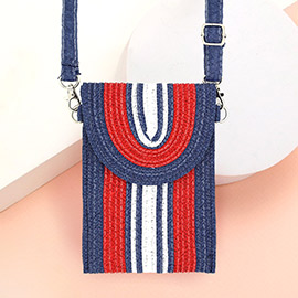 Striped Pattern Straw Cellphone Crossbody Bag