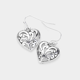 Antique Metal Heart Filigree Dangle Earrings