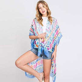 Watercolor Boho Geometric Print Kimono Poncho