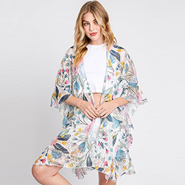Ruffle Lined Flower Print Open Front Crochet Cover-Up Kimono Poncho
