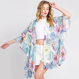 Ruffle Lined Flower Print Open Front Crochet Cover-Up Kimono Poncho