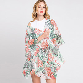 Ruffle Lined Flower Leaves Printed Open Front Crochet Cover-Up Kimono Poncho