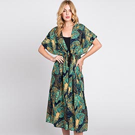 Tropical Leaves Print Self-tie Drawstring Open Front Cover Up Kimono Poncho