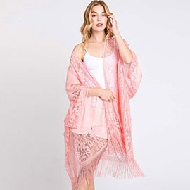 Floral Lace Kimono With Tassel Poncho