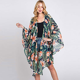 Tropical Leaves Print Shawl Cover-Up Kimono Poncho