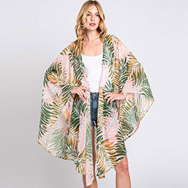 Tropical Leaves Print Shawl Cover-Up Kimono Poncho
