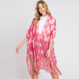 Butterfly And Flower Print Kimono Poncho