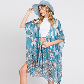 Butterfly And Flower Print Kimono Poncho