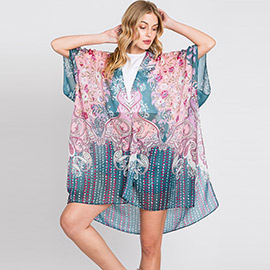 Abstract Paisley Flower Print Kimono Poncho