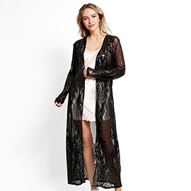 Leaves Pattern Sequin Long Cover-Up Kimono Poncho