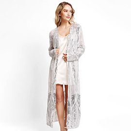 Leaves Pattern Sequin Long Cover-Up Kimono Poncho