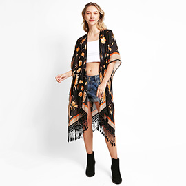 Floral Printed Cover Up Kimono Poncho With Tassels