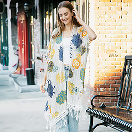 Floral Printed Cover Up Kimono Poncho With Tassels