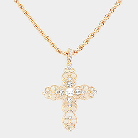 Round Stone Embellished Cross Pendant Necklace