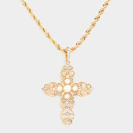 Round Pearl Embellished Cross Pendant Necklace