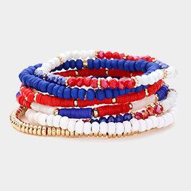 7PCS - American USA Flag Color Beaded Stretch Multi Layered Bracelets