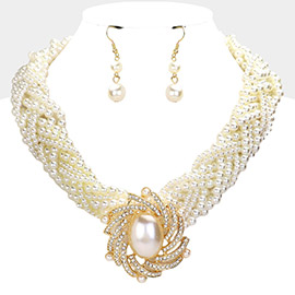 Oval Pearl Pendant Braided Statement Necklace