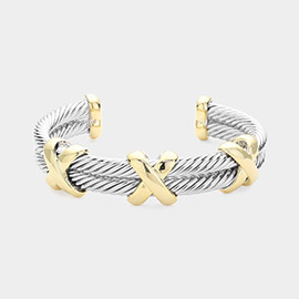14K Gold Plated Two Tone Crisscross Pointed Double Twisted Metal Cuff Bracelet