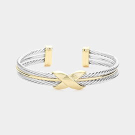14K Gold Plated Two Tone Crisscross Pointed Twisted Metal Cuff Bracelet