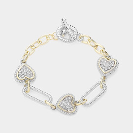 4K Gold Plated Stone Paved Heart Link Toggle Bracelet
