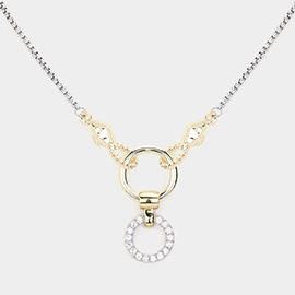 14K Gold Plated Two Tone CZ Stone Paved Open Circle Pendant Necklace