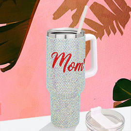 Bling Mom Message Studded 40oz Stainless Steel Tumbler With Handle