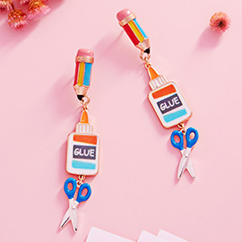 Enamel Pencil Glue Scissors Link Dropdown Earrings