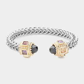 CZ Stone Tip Textured Metal Cuff Bracelet