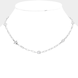 Heart Star Oval Circle Clear Stone Cluster Station Necklace