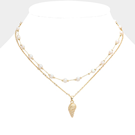 Pearl Strand Shell Pendant Double Layered Necklace