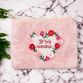 BE MY VALENTINE Message Flower Sequin Seed Beaded Mini Pouch Bag