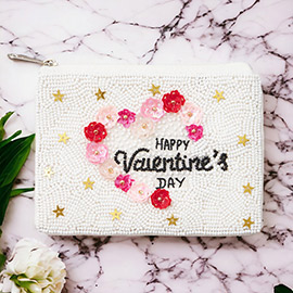 HAPPY VALENTINES DAY Message Flower Sequin Seed Beaded Mini Pouch Bag