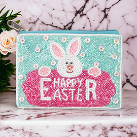 HAPPY EASTER Message Easter Bunny Seed Beaded Mini Pouch Bag
