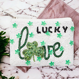 LUCKY LOVE St Patricks Clover Seed Beaded Mini Pouch Bag