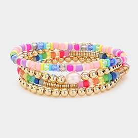 4PCS - Pearl Pointed Heishi Metal Ball Beaded Stretch Multi Layered Bracelets