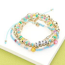 4PCS - LOVE Message Heishi Beaded Oval Metal Link Metal Ball Stretch Multi Beads Adjustable Layered Bracelets
