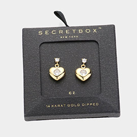 SECRET BOX_14K Gold Dipped CZ Stone Pointed Heart Dangle Earrings