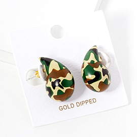 Gold Dipped Camouflage Wood Teardrop Stud Earrings