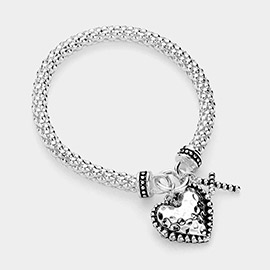 Antique Metal Heart Cross Charm Stretch Bracelet