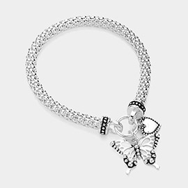 Antique Metal Butterfly Heart Charm Stretch Bracelet